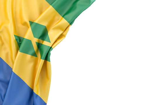 Flag of Saint Vincent and the Grenadines and Nevis in the corner on white background. 3D rendering. Isolated