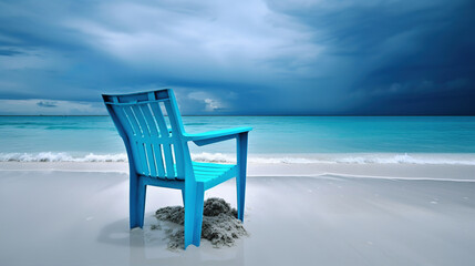 blue chair in the sand on the ocean beach, generative ai