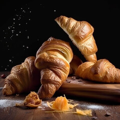 Croissants from above fall on the table in the bakery. Levitating hot fresh croissants.  Generative AI.