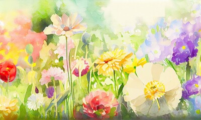 A painting of flowers in a garden with a colorful background, generative AI