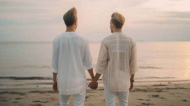 happy gay couple walking on beach, love and freedom concept, generative ai