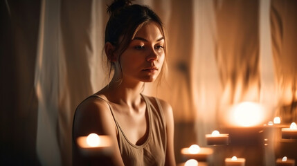 beautiful young woman meditating in yoga pose, relaxing candle lights, generative ai