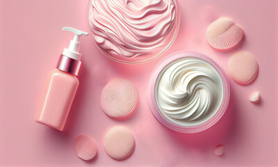 A pink bottle of cream and a lotion on a pink background, generative AI