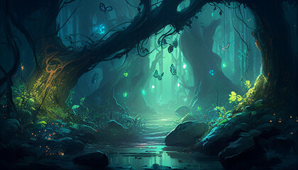 Fantasy magical forest lake, water, green, night, generative AI