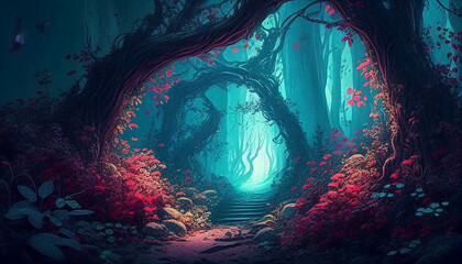 Fantasy magical forest path, red flowers, night, generative AI