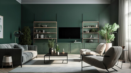 modern dark green luxury contemporary living room interior with furniture, generative ai