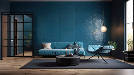 modern blue luxury contemporary living room interior with furniture, generative ai