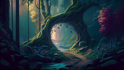 Fantasy magical forest path, green, flowers, generative AI