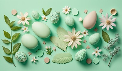 Pastel Easter Eggs Fat Lay on Green background. generative ai.
