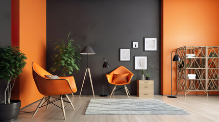 modern orange and black luxury contemporary living room interior with furniture, generative ai