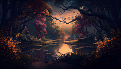 Fantasy magical forest lake, landscape, generative AI