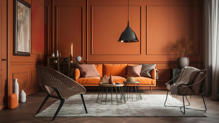 modern orange luxury contemporary living room interior with furniture, generative ai