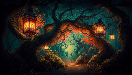 Fantasy magical green forest path, lantern, night, generative AI