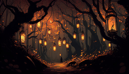 Fantasy magical forest path full of lanterns, night, generative AI