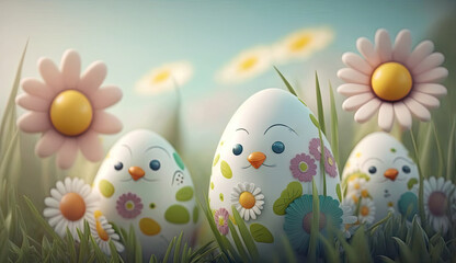 Fototapeta premium Cute Painted Easter Eggs on floral Background. generative ai.