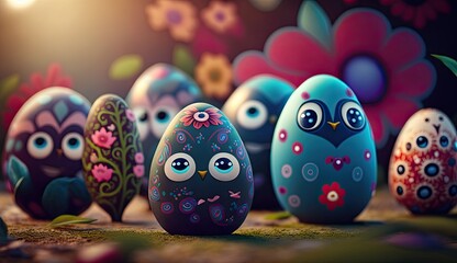 Cute Painted Easter Eggs on floral Background. generative ai.