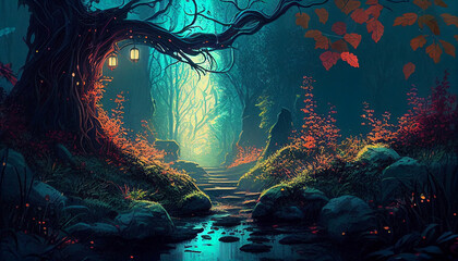 Fantasy magical forest path, water, lantern, night, generative AI