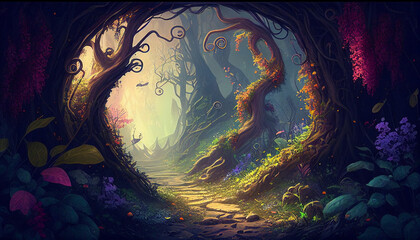 Fantasy magical forest path, green, flowers, generative AI