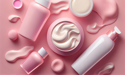 A pink bottles of cream and a lot of cream on a pink background, generative AI
