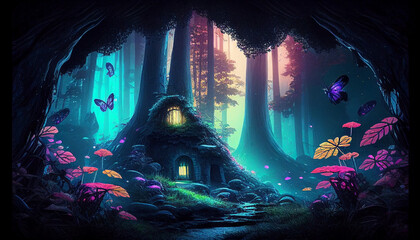Fantasy magical forest landscape, house, flowers, night, generative AI