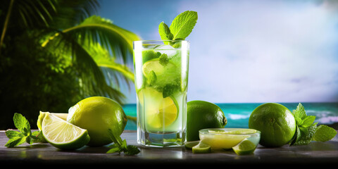 mojito cocktail on the beach, fresh summer cocktail drink, generative ai