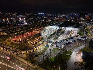 Night aerial view of tram depot