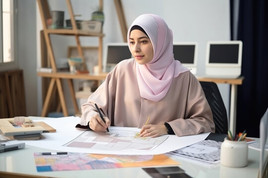 muslim woman architect engineer working in the office, generative ai