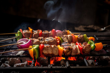 Various delicious grilled meat with vegetables on the grill, generative AI tools 