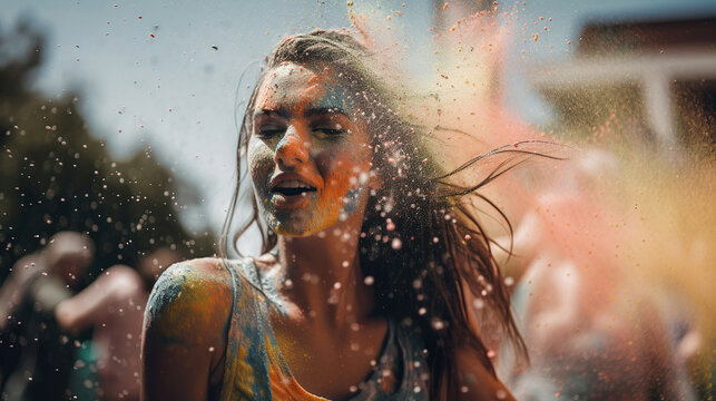 portrait of a joyful woman in a summer festival, generative ai