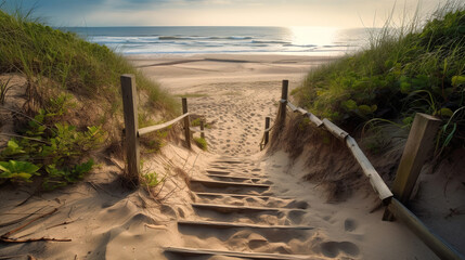 small beautiful sandy path to the beach in the morning, vacation destination, generative ai