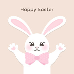 Happy Easter greeting card with white cute happy rabbit. Rabbit with a pink bow. Vector illustration.
