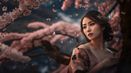 portrait of a beautiful young asian woman relaxing and thinking under the blossoming cherry sakura trees in japan, generative ai