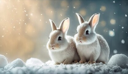 A Bunny Couple on white snow background. generative ai.