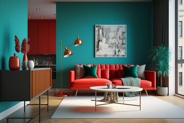 A modern and minimalist living room with a bold orange accent and sleek sofa. generative ai