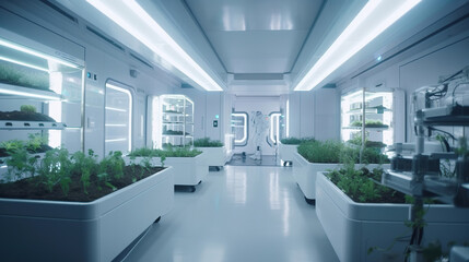 Naklejka na ściany i meble modern smart farm, futuristic greenhouse, clean environment, green energy, generative ai