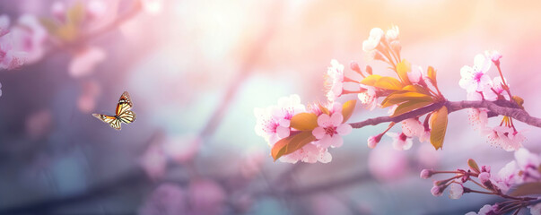 Obraz na płótnie Canvas spring flowers with butterfly on blurred soft background, generative ai