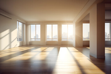 Obraz premium Bright interior loft at sunset, illustration ai generative