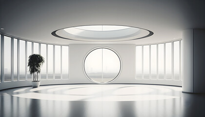 Circular open plan interior with sunlight, illustration ai generative