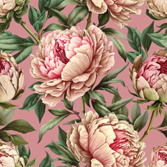 Seamless vector background with pink peonies.