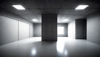 Empty concrete interior with lights and a column, illustration ai generative