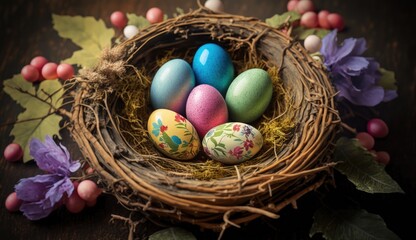 Fototapeta na wymiar closeup of nest with colorful Easter eggs. generative ai.