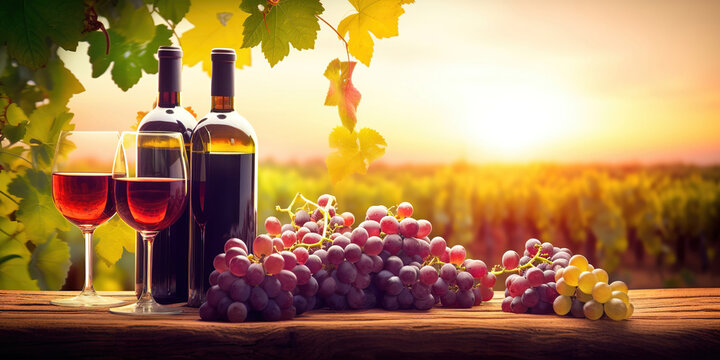 glass of wine and grapes in the vineyard at sunset, generative ai