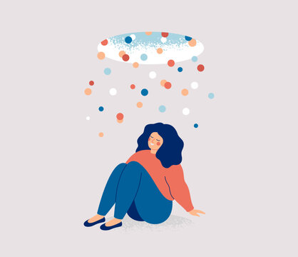 Happy woman looks at the source of inspiration.Creative girl sits under a falling stream of colorful confetti. Person opens up new horizons, dreams and ideas.Concept of freedom and development. Vector