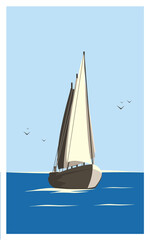 A yacht or a boat or a sea vessel is sailing on the sea.