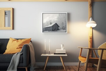 A picture of a small church hangs on a wall above a coffee table