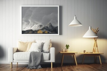 A painting hangs on a wall above a couch in a living room.