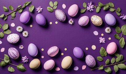 Fototapeta na wymiar Colorful Festive Painted Easter eggs on purple background