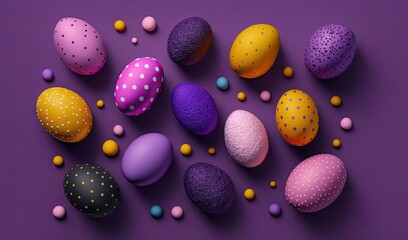 Colorful Festive Painted Easter eggs on purple background