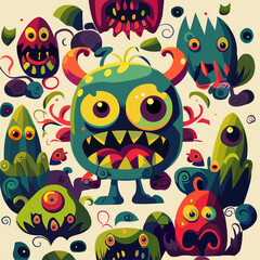 Vector illustration cute and fantastic monster wall art