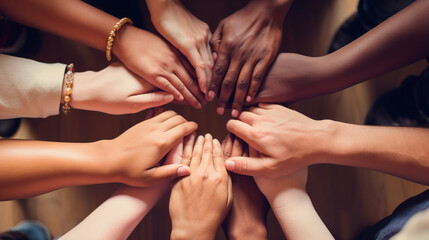 All hands together, united diversity or multi-cultural partnership in a group. Generative ai